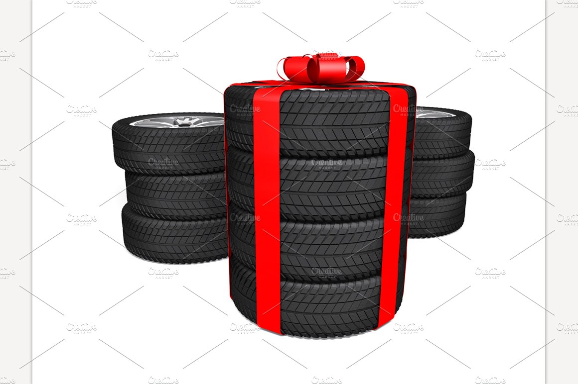 Tires as a gift. 3d rendering cover image.