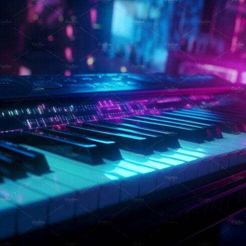 Piano Keyboard with neon lights illumination. Cyberpunk musical concept of ... cover image.