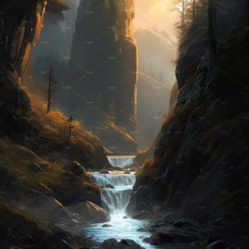 Beautiful vertical landscape with tall mountains, waterfall and a river. Ge... cover image.