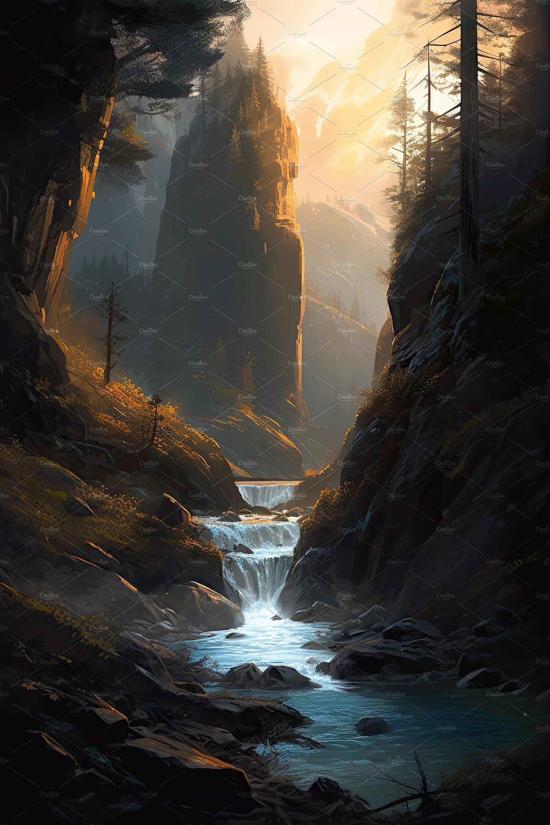 Beautiful vertical landscape with tall mountains, waterfall and a river. Ge... cover image.