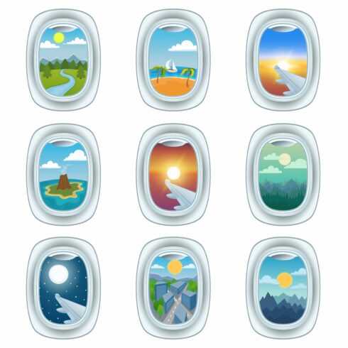 Group of airplane windows vector cover image.