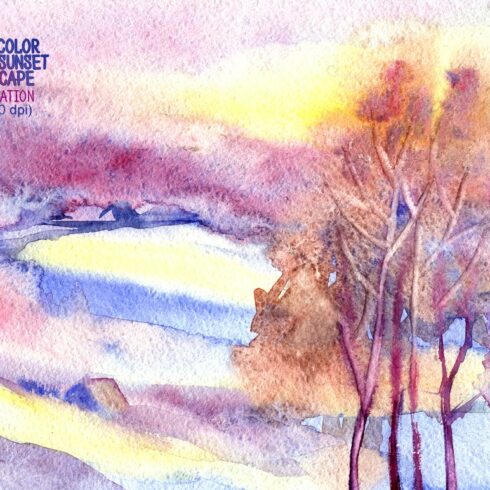 Watercolor winter sunset landscape cover image.