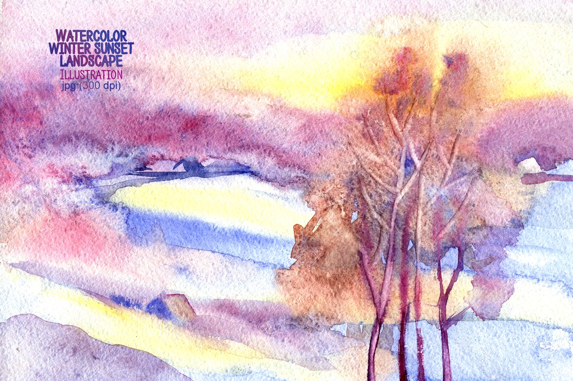 Watercolor winter sunset landscape cover image.