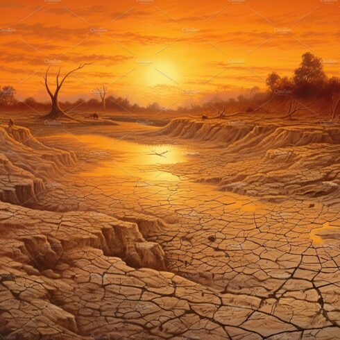 Dry land at sunset, representing drought and lack of water, climate change ... cover image.
