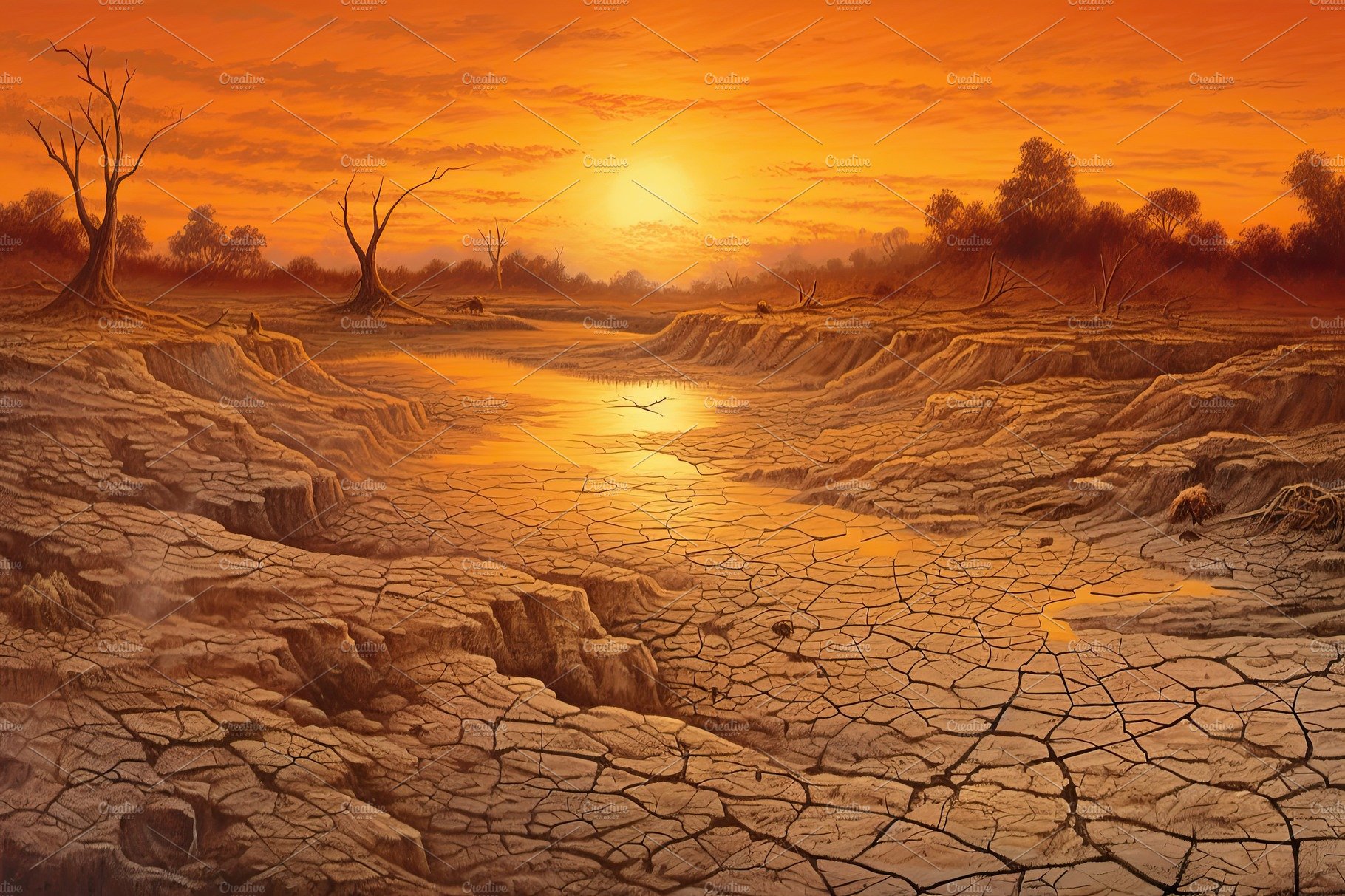 Dry land at sunset, representing drought and lack of water, climate change ... cover image.