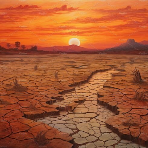 Dry land at sunset, representing drought and lack of water, climate change ... cover image.