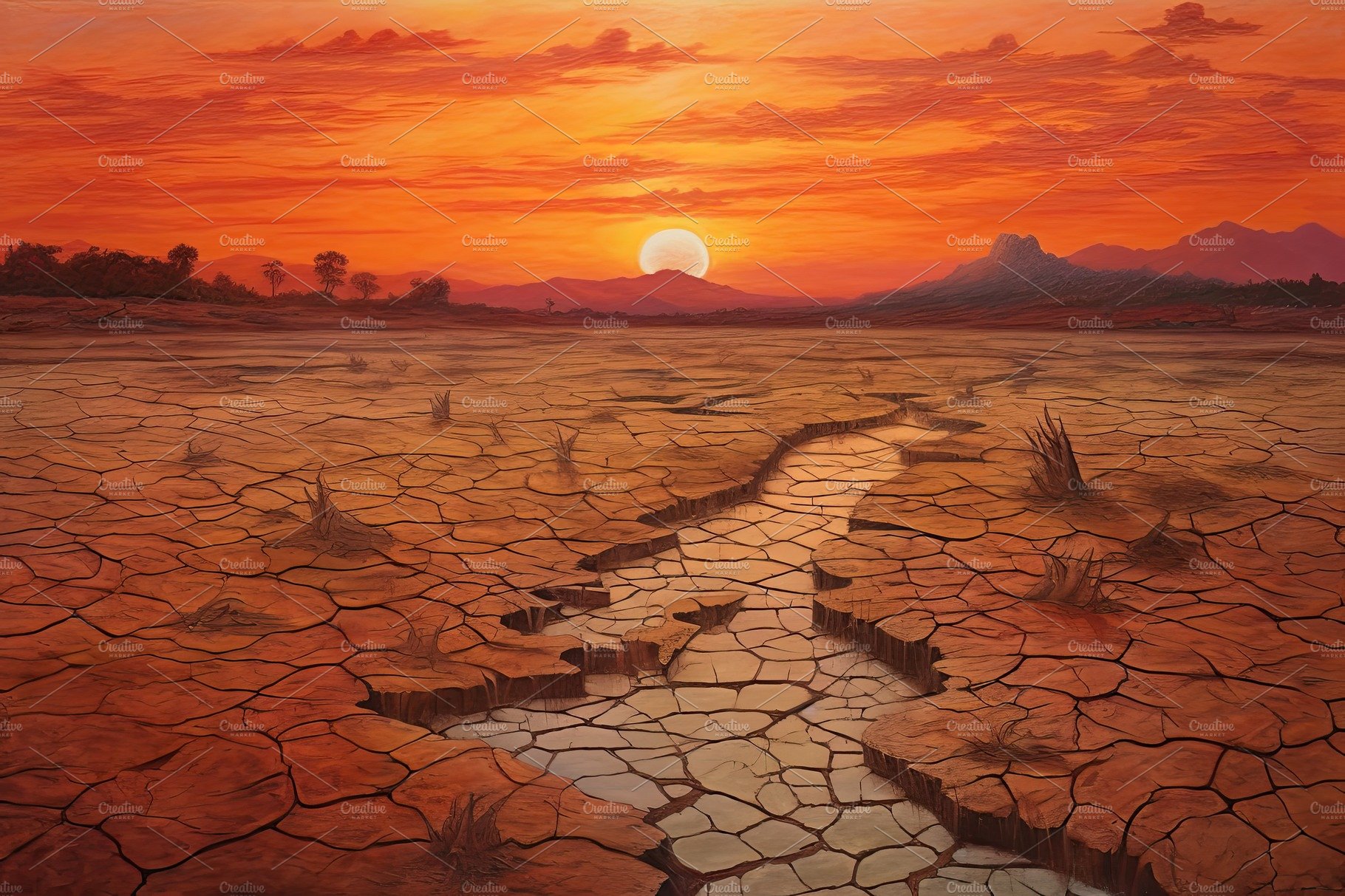 Dry land at sunset, representing drought and lack of water, climate change ... cover image.