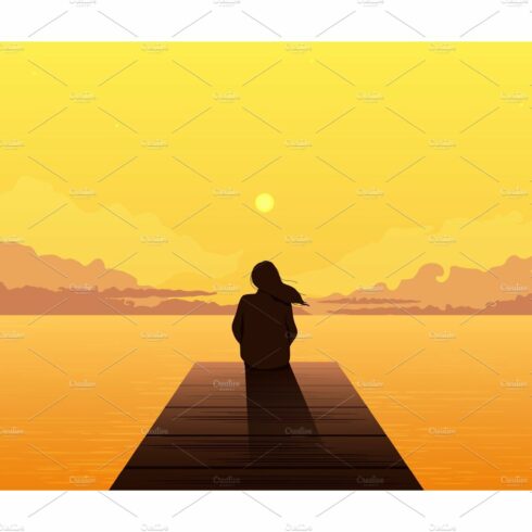 Lonely girl silhouette on sunset cover image.