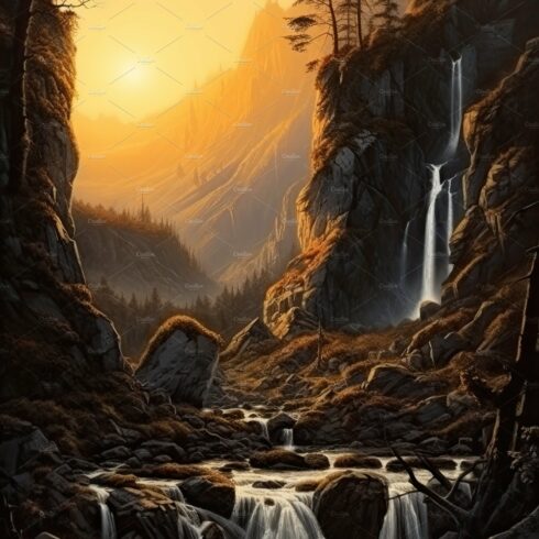 Beautiful vertical landscape with tall mountains, waterfall and a river. Ge... cover image.