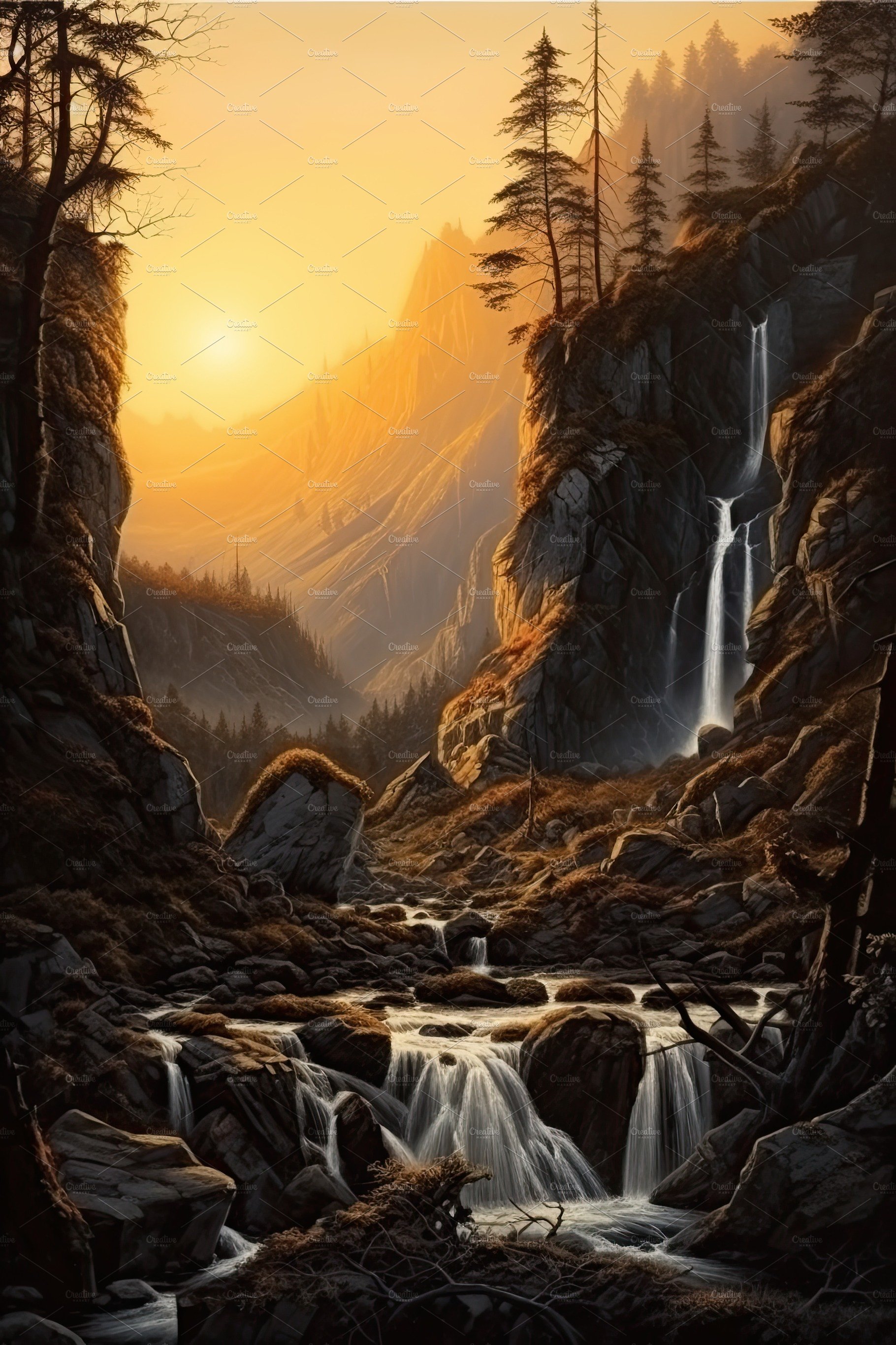 Beautiful vertical landscape with tall mountains, waterfall and a river. Ge... cover image.