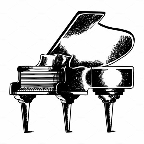 Grand piano engraving vector illustration cover image.