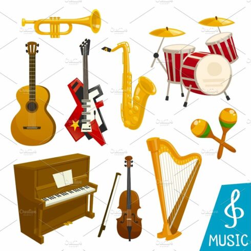 Musical instruments vector isolated icons cover image.