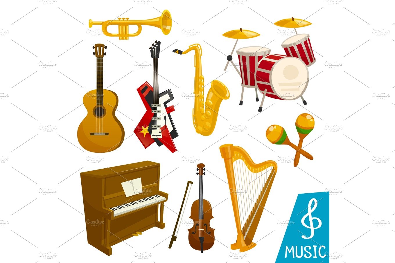 Musical instruments vector isolated icons cover image.