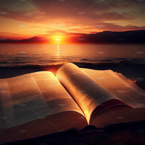 Open Bible on a table with sunset light and sea background cover image.