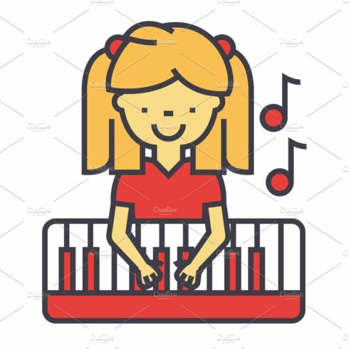 Happy little girl playing on piano, pianist concept. Line vector icon. Edit... cover image.