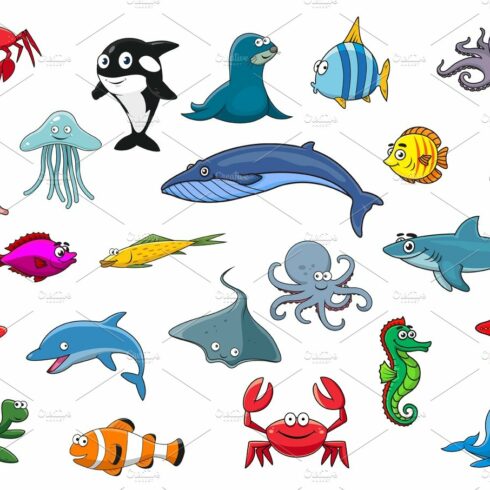 Cartoon sea fish and ocean animals vector icons cover image.