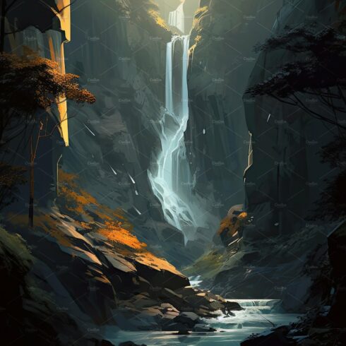 Beautiful vertical landscape with tall mountains, waterfall and a river. Ge... cover image.