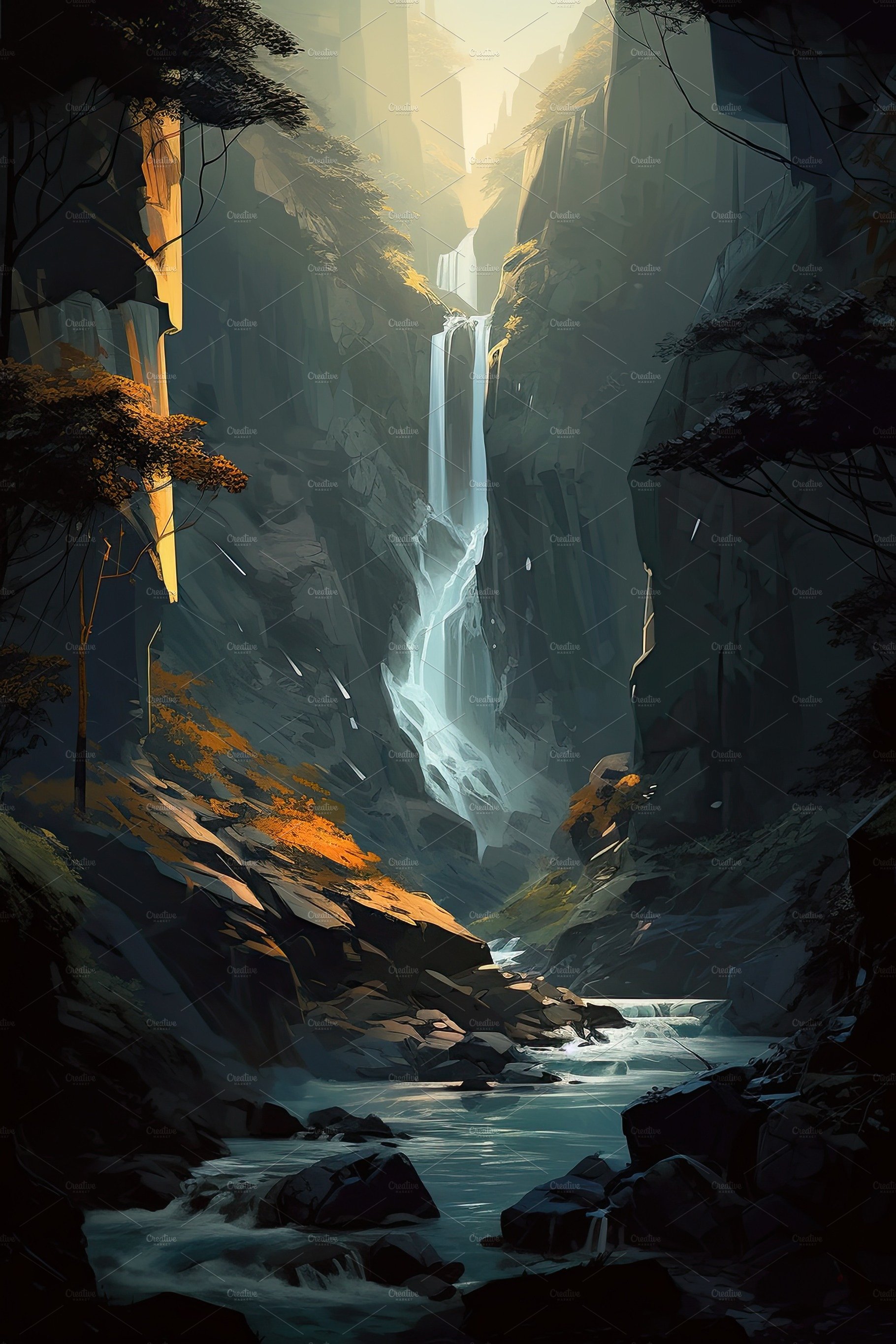 Beautiful vertical landscape with tall mountains, waterfall and a river. Ge... cover image.