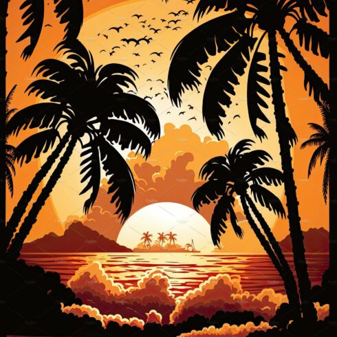 Silhouette palm tree on beach under sunset sky background. Orang cover image.