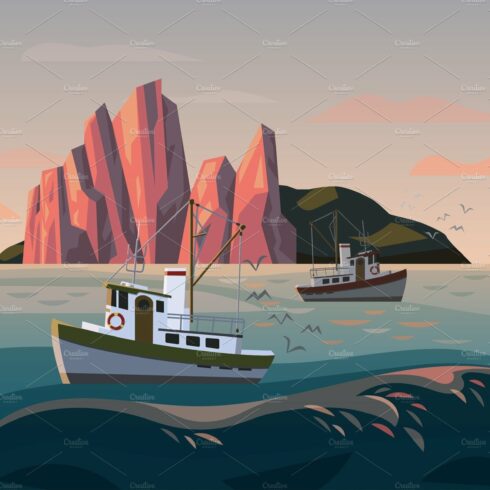 Fisherman ship or boat at sunset cover image.