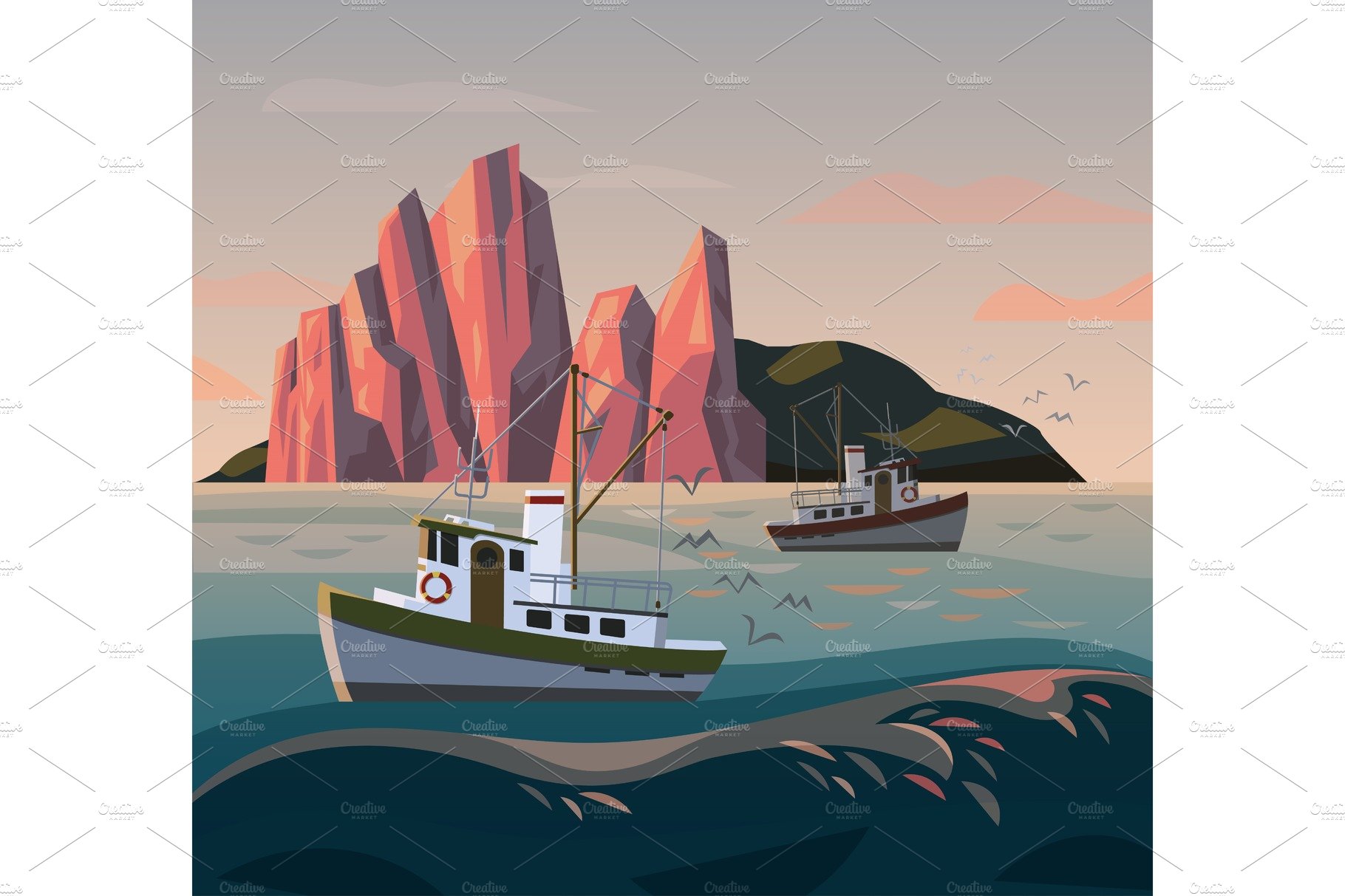 Fisherman ship or boat at sunset cover image.