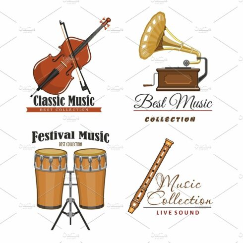 Vector icons set for best classic music concert cover image.