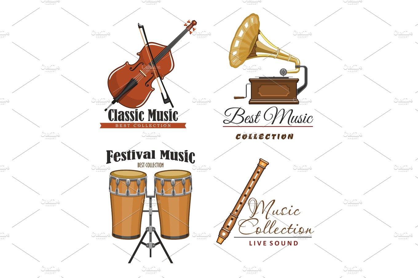 Vector icons set for best classic music concert cover image.