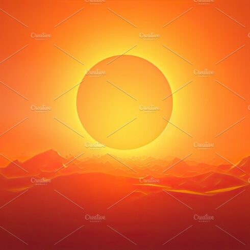 Hot sunset with a red sun on the background in the summer. Generative AI cover image.