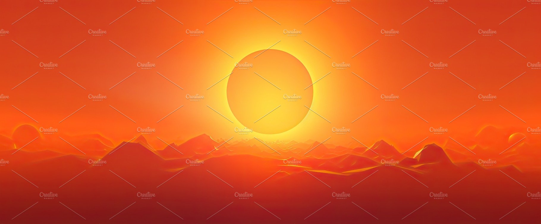 Hot sunset with a red sun on the background in the summer. Generative AI cover image.