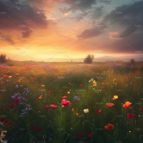 Amazing sunset over a beautiful landscape covered of flowers. Generative AI cover image.