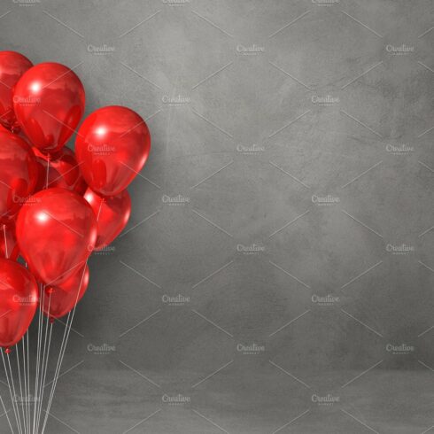 Red balloons bunch on a grey wall background. Horizontal banner. cover image.