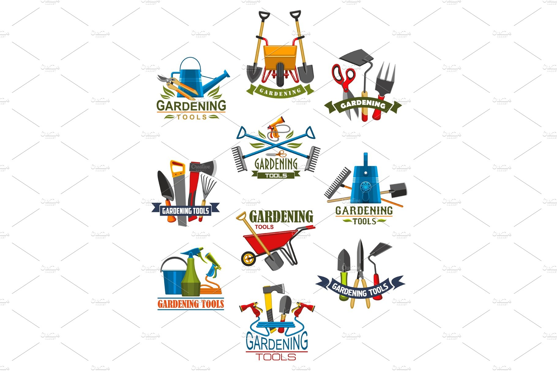 Gardening tool and garden equipment isolated icon cover image.