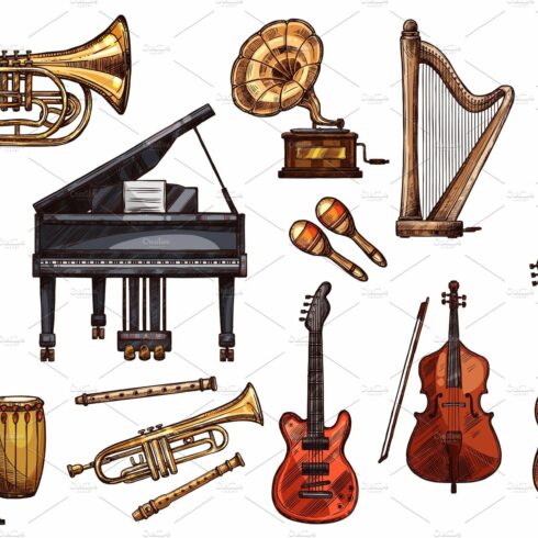 Vector music concert sketch instruments icons cover image.