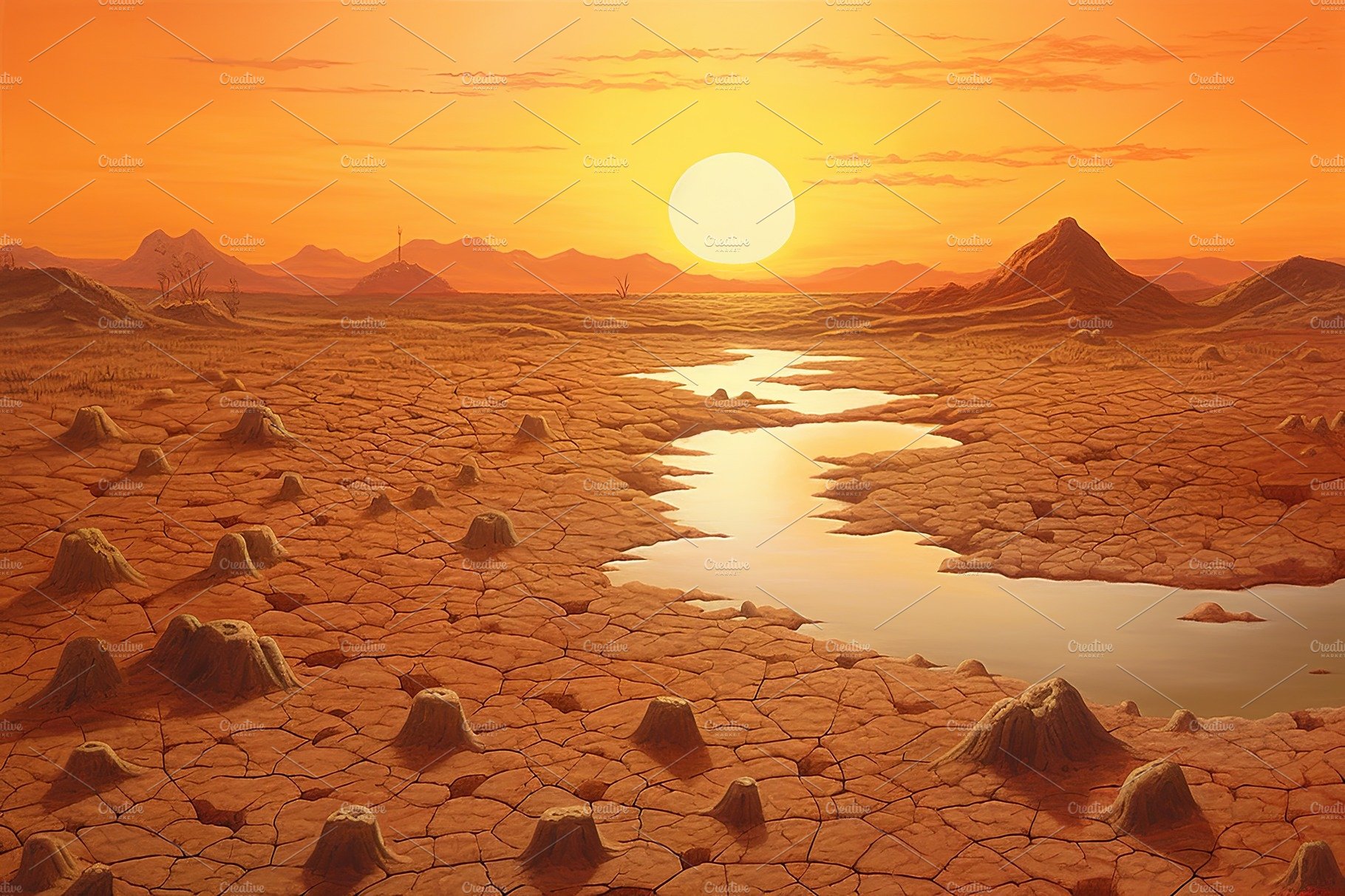 Dry land at sunset, representing drought and lack of water, climate change ... cover image.