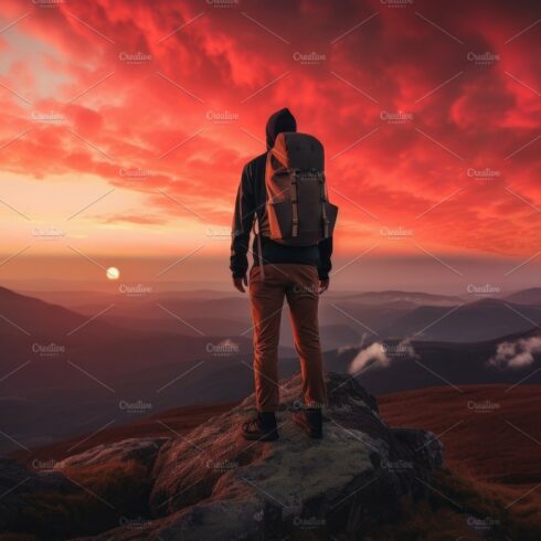 The man atop the red mountain gazed at the setting sun and orang cover image.