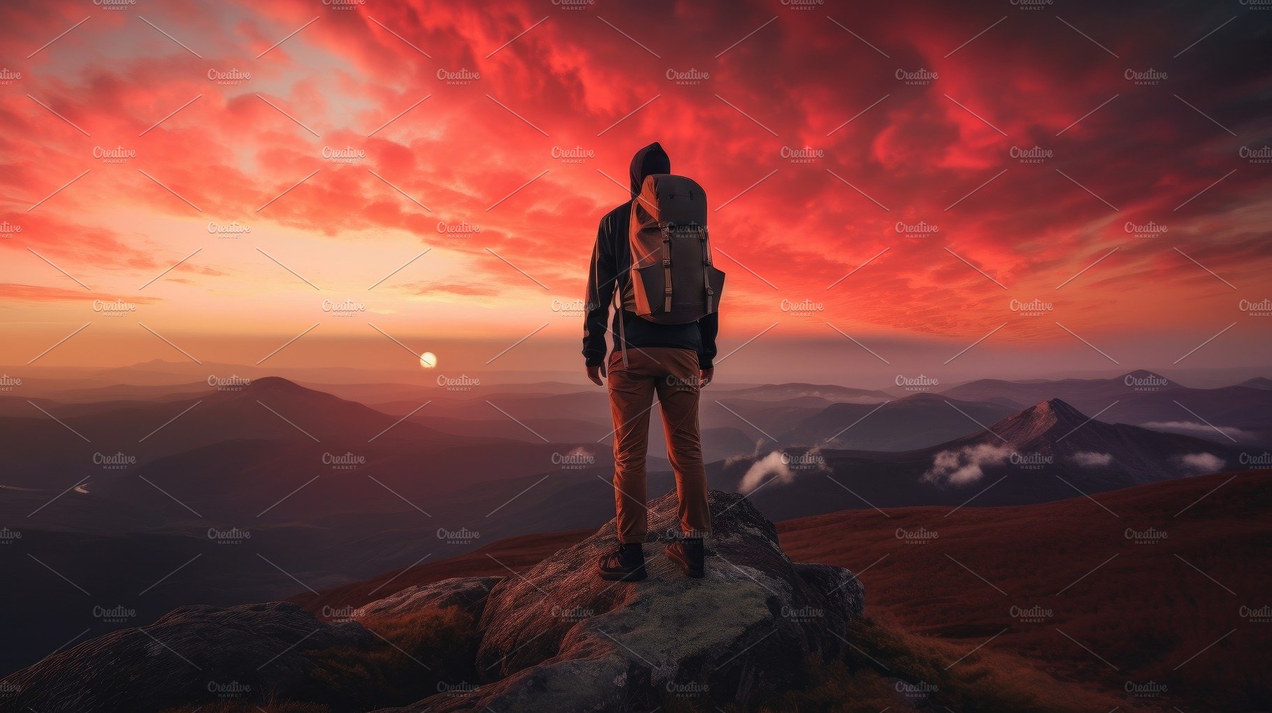 The man atop the red mountain gazed at the setting sun and orang cover image.