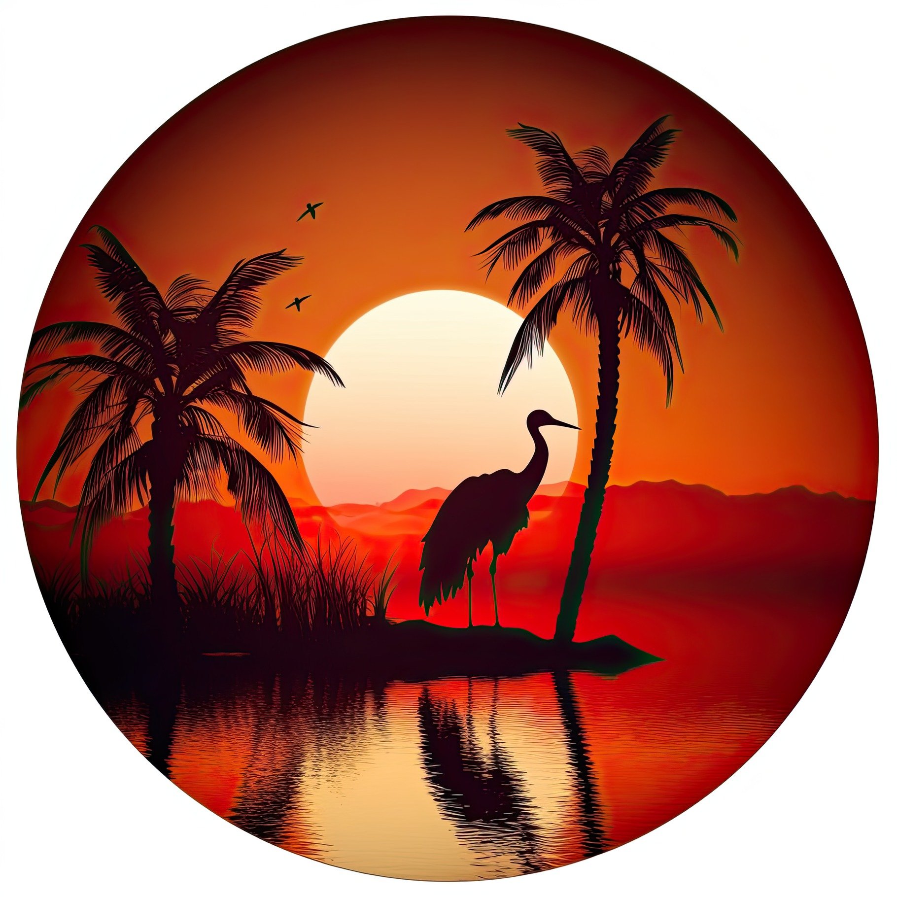 Orange sunset landscape in a circle. Evening on the beach with palm trees. ... cover image.