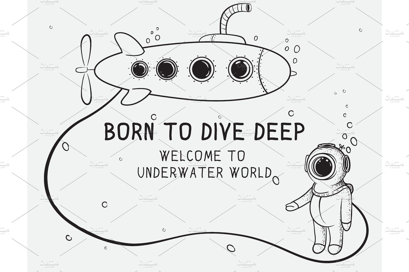 Cute diver dives from submarine to deep sea. cover image.