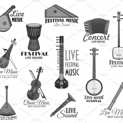 Musical instruments for music concert vector icons cover image.