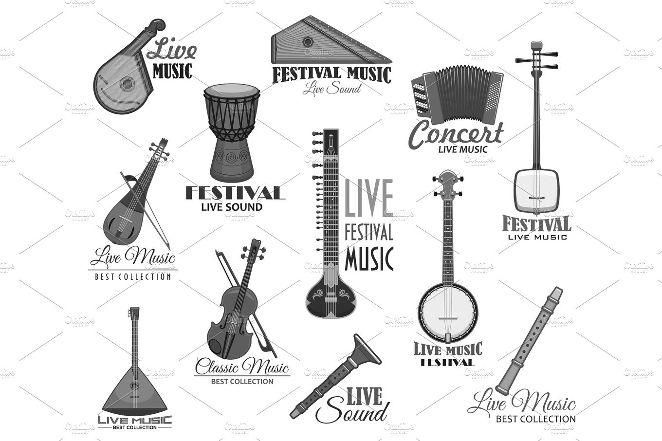 Musical instruments for music concert vector icons cover image.