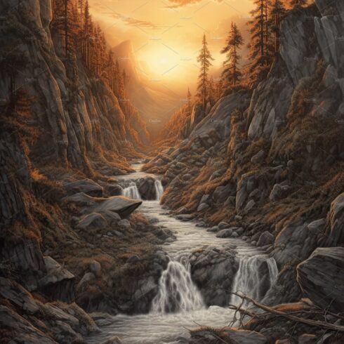 Beautiful vertical landscape with tall mountains, waterfall and a river. Ge... cover image.