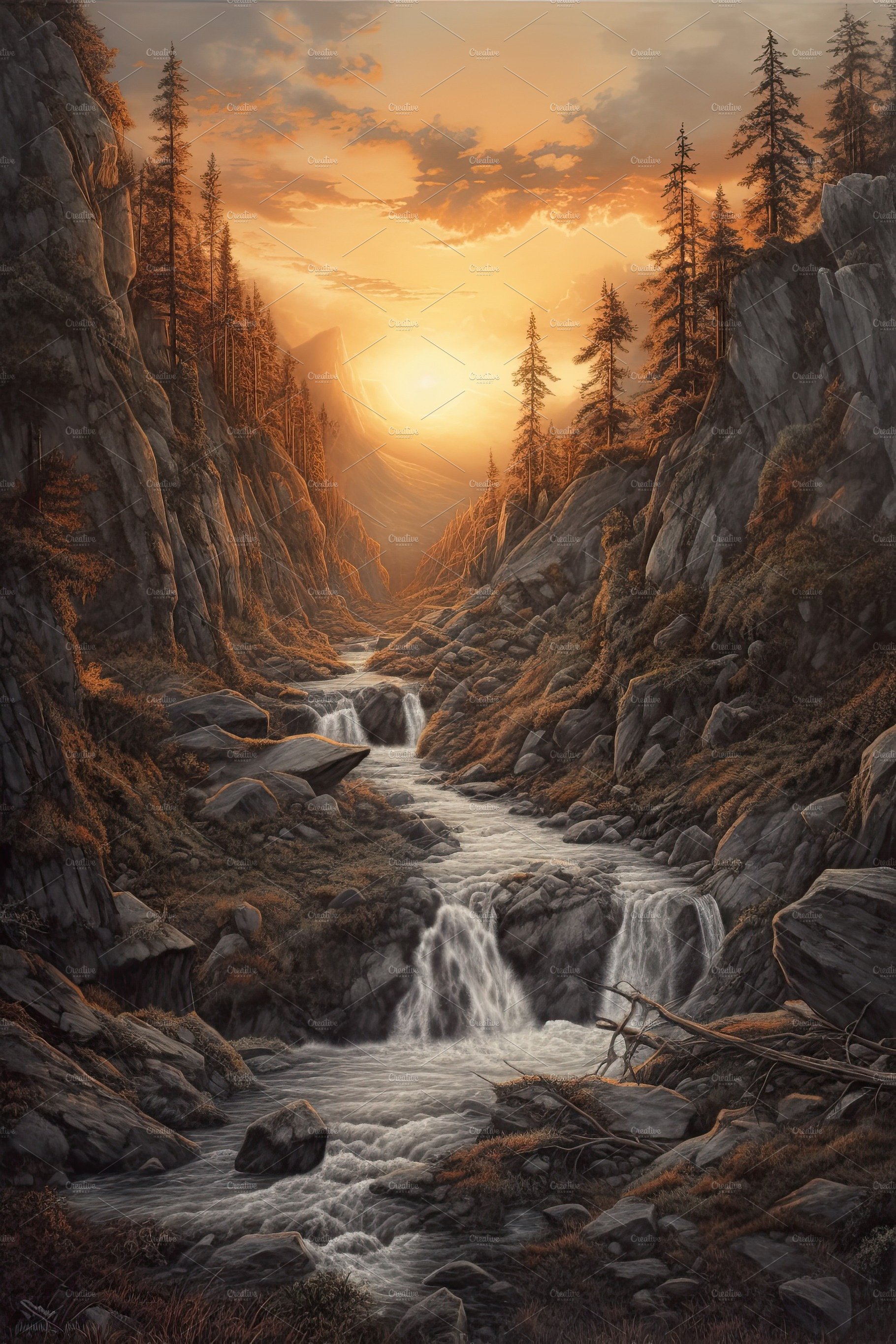 Beautiful vertical landscape with tall mountains, waterfall and a river. Ge... cover image.