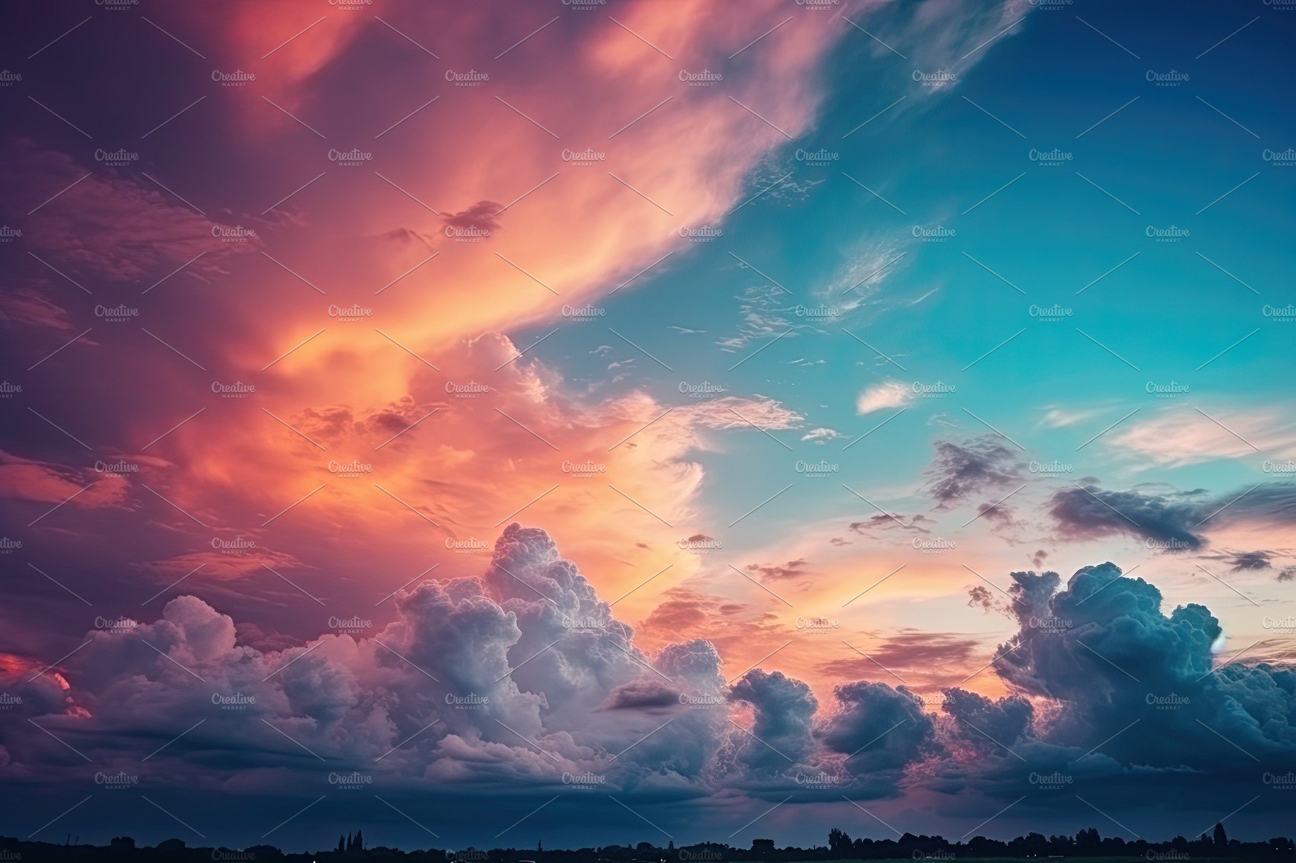 Colorful sky concept. Stunning sunset with vibrant twilight sky and clouds ... cover image.