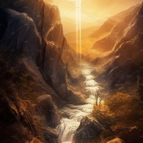 Beautiful vertical landscape with tall mountains, waterfall and a river. Ge... cover image.