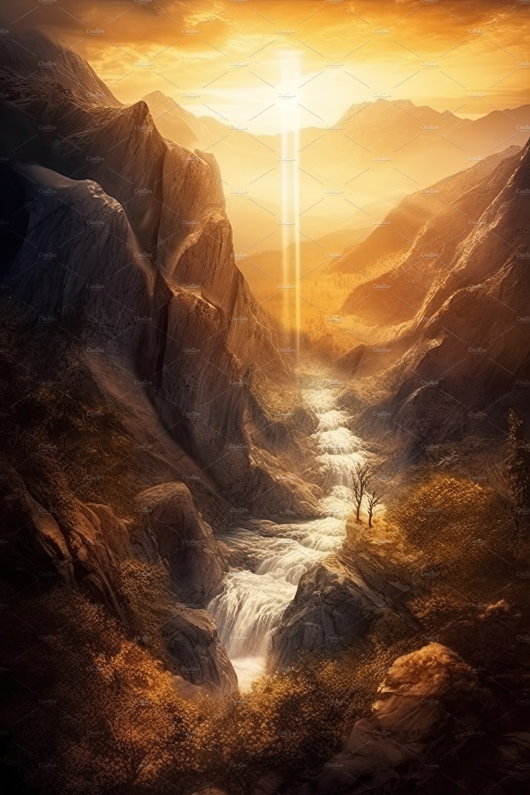 Beautiful vertical landscape with tall mountains, waterfall and a river. Ge... cover image.