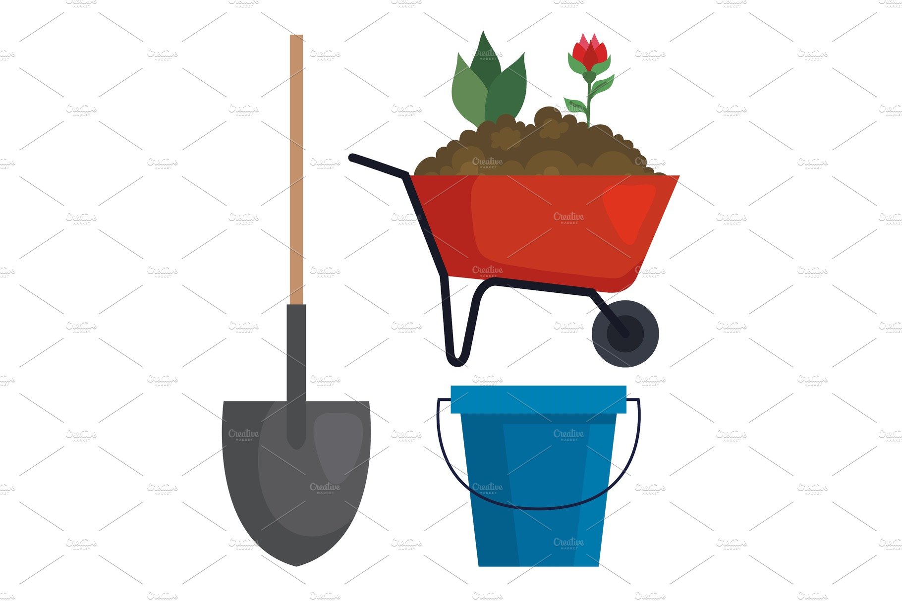Gardening shovel wheelbarrow and cover image.