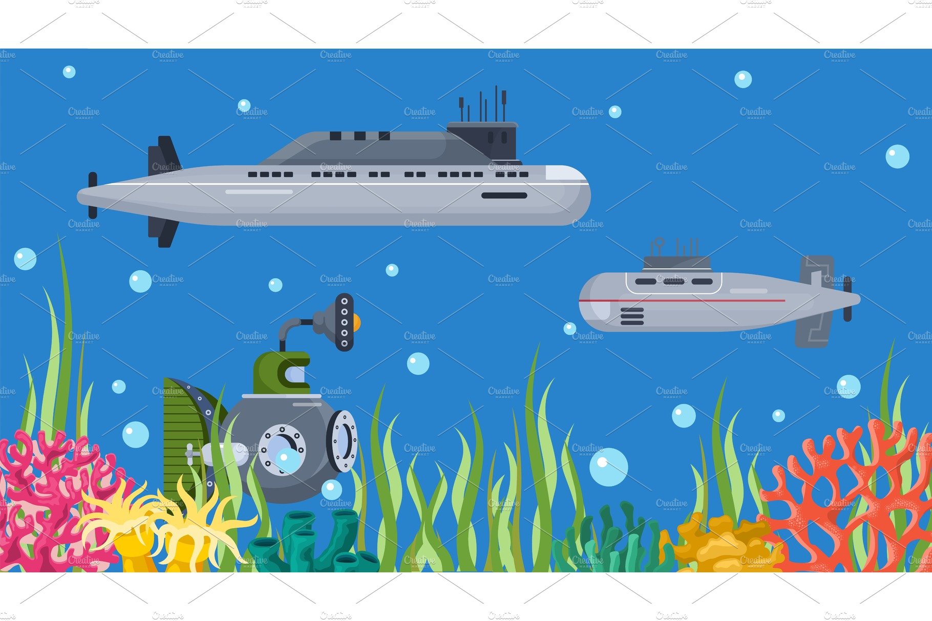 Underwater submarines boats vector cover image.