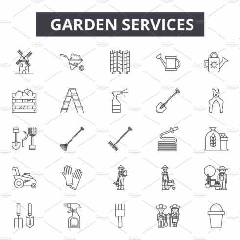 Garden services line icons for web cover image.