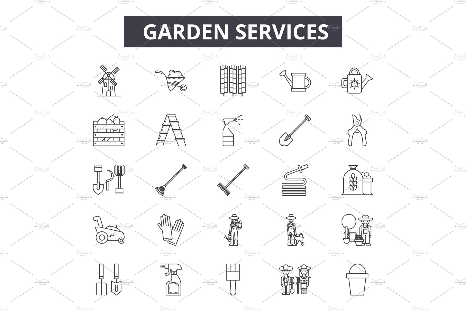 Garden services line icons for web cover image.