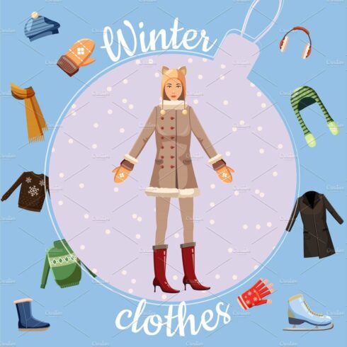Winter clothes concept, cartoon cover image.